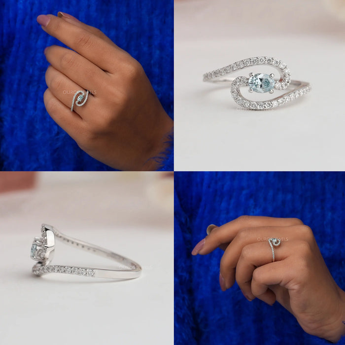 Collage of Bypass set lab diamond engagement ring with green oval diamond