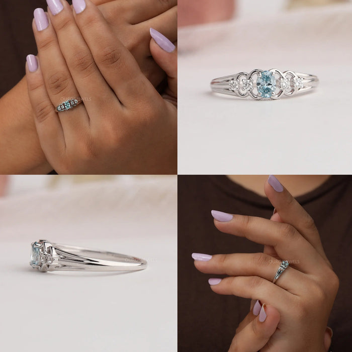 Collage of green oval shaped diamond engagement ring with round brilliant cut side stones