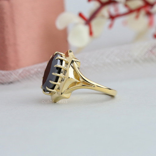 left view of octagon shape oval-cut lab diamond colored engagement ring