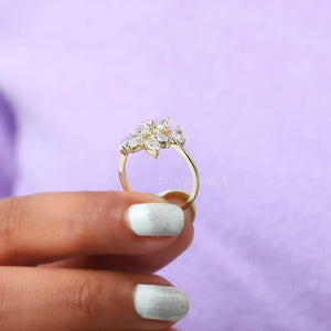 Diamond Pear Cluster Leaf Design Ring