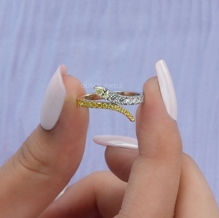 [A Women holding Bypass shank Round and Pear Diamond Ring]-[Ouros Jewels]