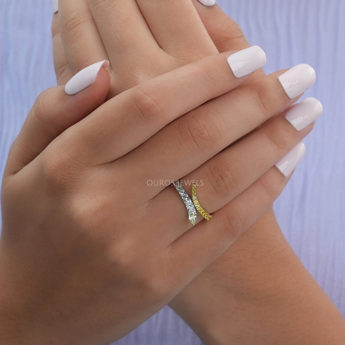 [A Women wearing Pear and Round Lab Diamond Ring]-[Ouros Jewels]