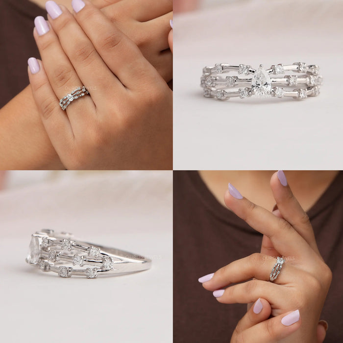 Collage of pear cut diamond engagement ring with accents in 14k white gold 