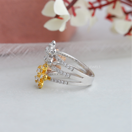 side view of three flower shape pear cut lab diamond bridal ring