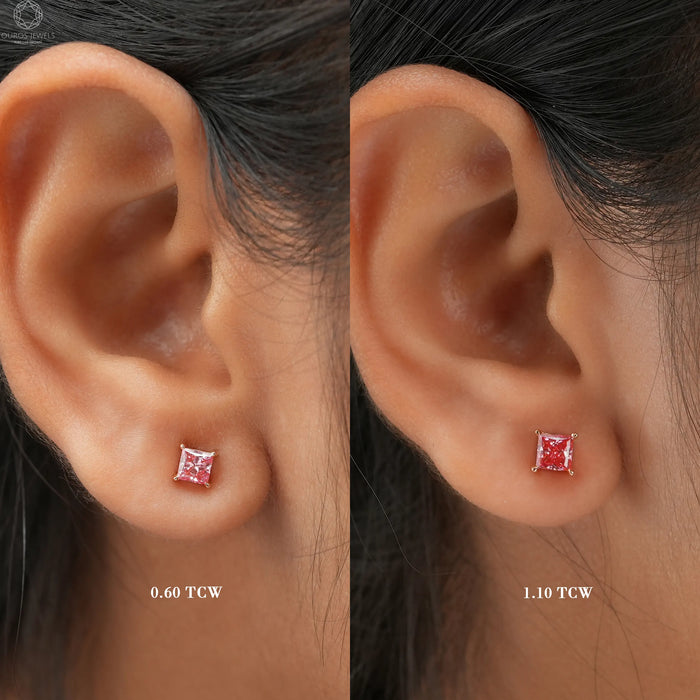 Different carat sizes of pink princess cut solitaire stud earrings