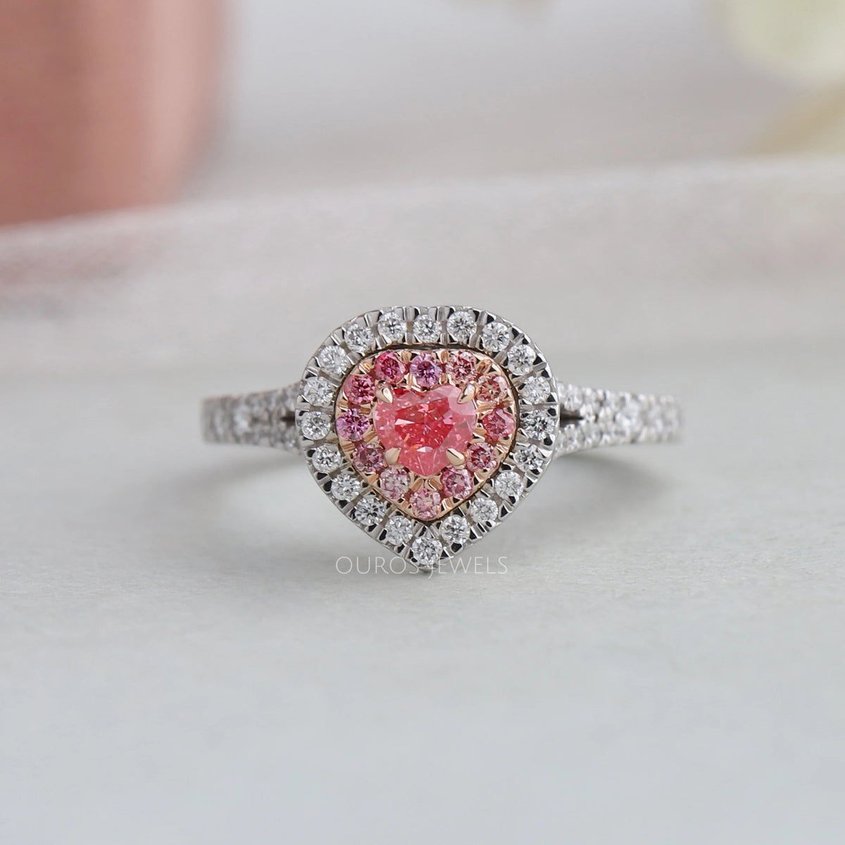 Heart Cut Yellow Diamond Double Halo Engagement Ring Pink Ring