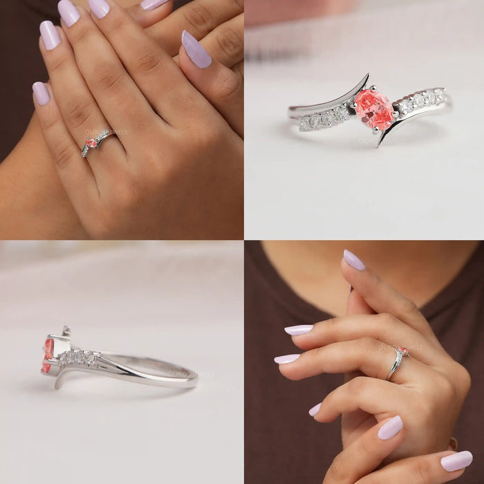 Collage of oval cut diamond engagement ring, showing front, side, in finger view. 