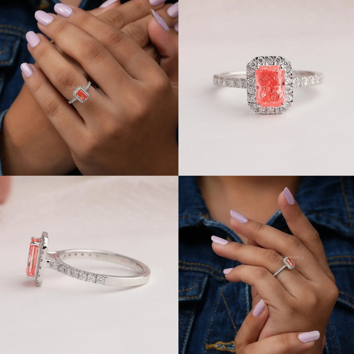 [Multi View Of 1 Carat Fancy Pink Radiant Cut Lab Diamond Halo Engagement Ring]-[Ouros Jewels]