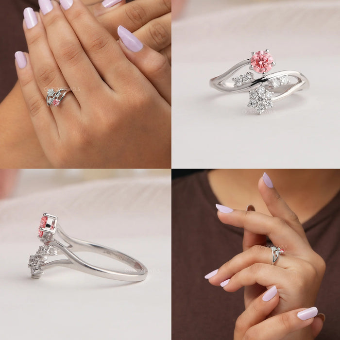 Collage of bypass set round cut engagement ring with fancy pink colored diamond