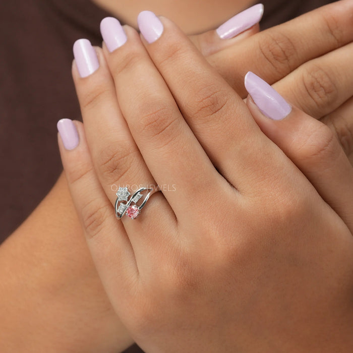 In finger look of pink round lab created diamond bypass set engagement ring