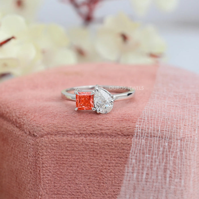 [Princess and Pear Cut Lab Grown Diamond Two Stone Engagement Ring]-[Ouros Jewels]