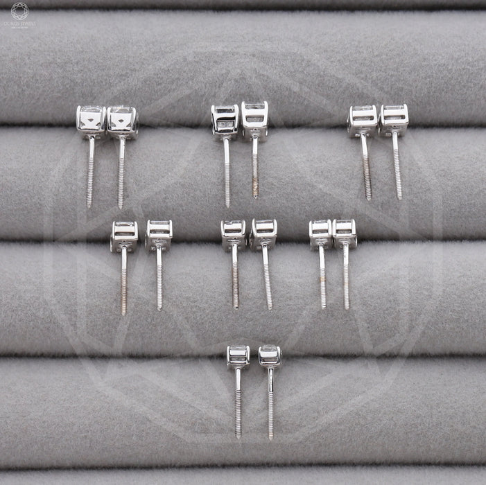 14k white gold screw back stud earrings with radiant cut conflict free diamonds