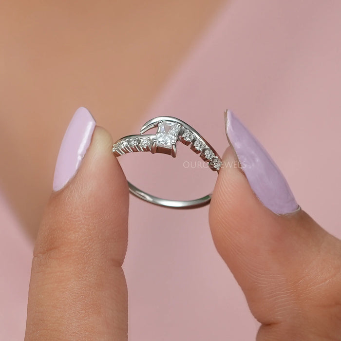 A close up look of exquisite radiant eco friendly diamond wedding anniversary band