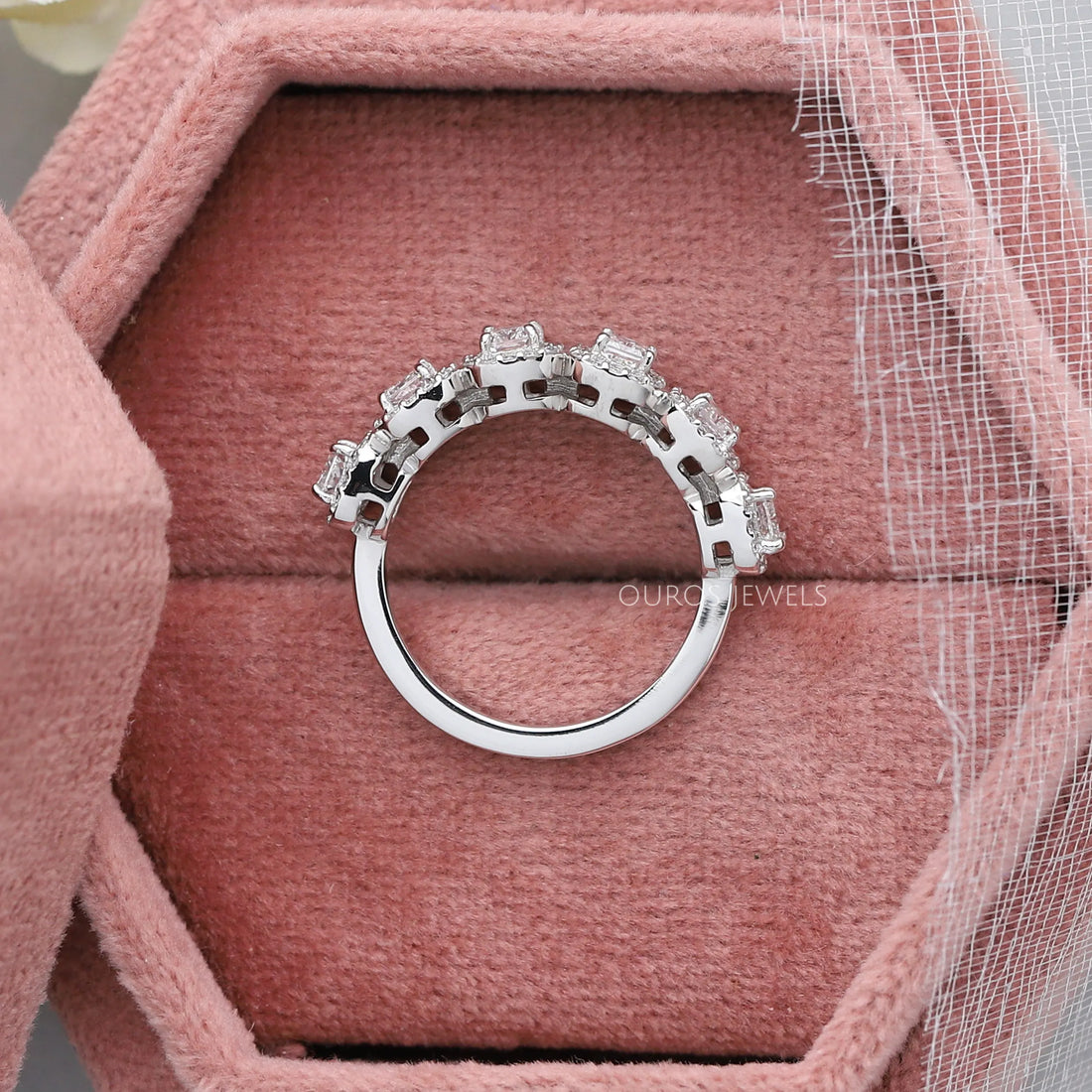 Radiant Cut Halo Half Eternity Wedding Band Rings