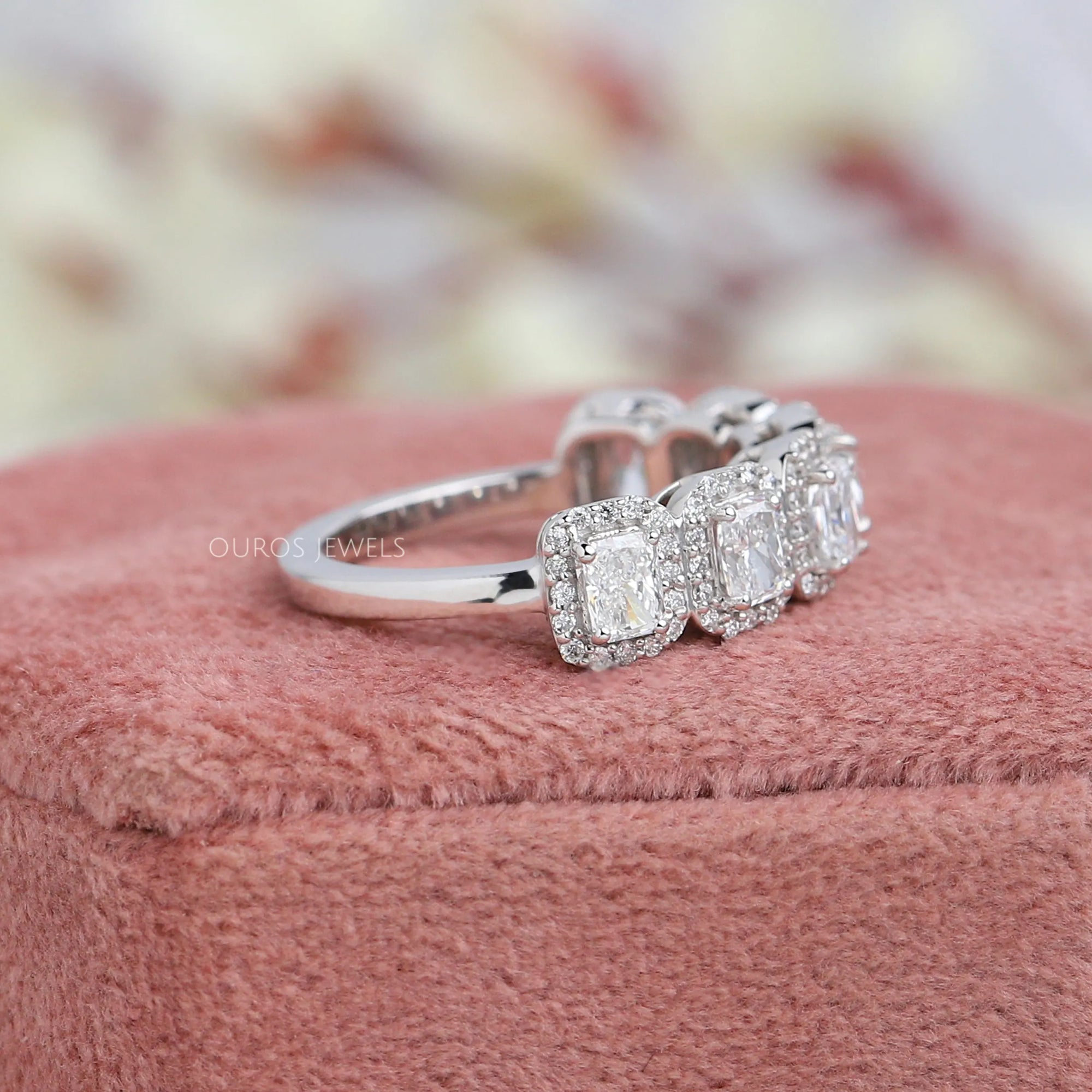 Radiant Cut Halo Half Eternity Wedding Band Rings