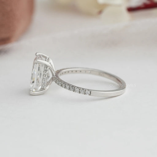 side view of radiant cut diamond hidden halo solitaire wedding ring white gold