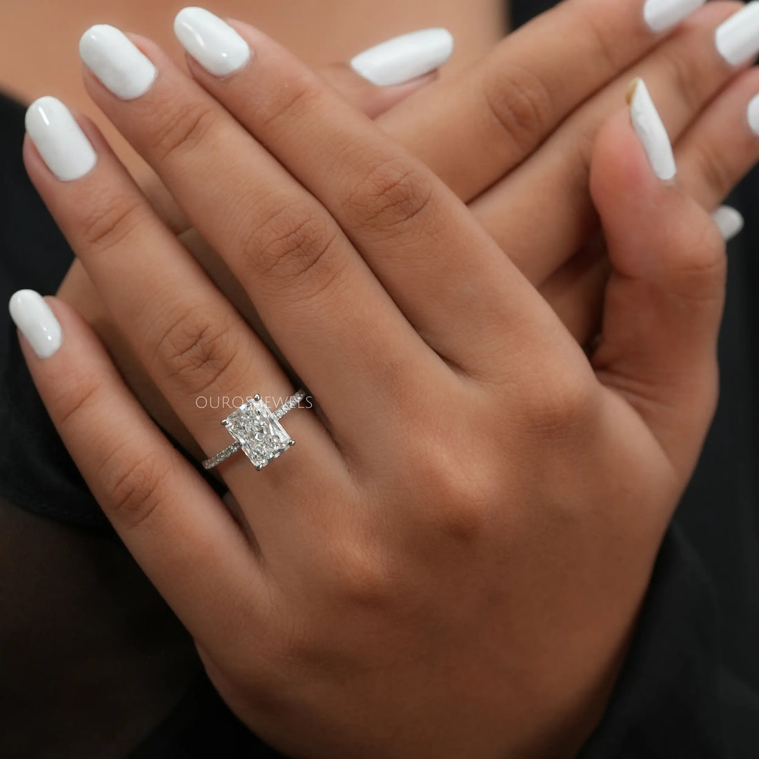 Radiant Cut Hidden Halo Solitaire Accent Engagement Ring