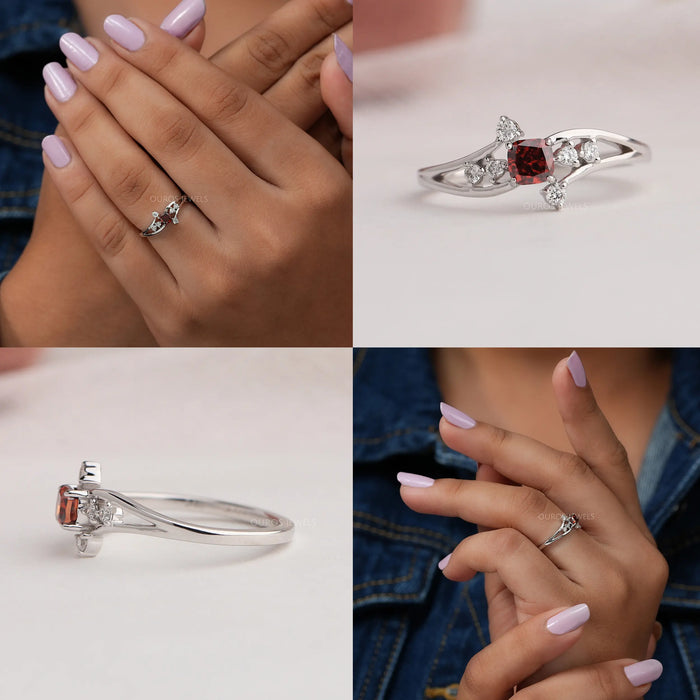 Collage of Red Cushion Shaped Cluster Diamond Ring.