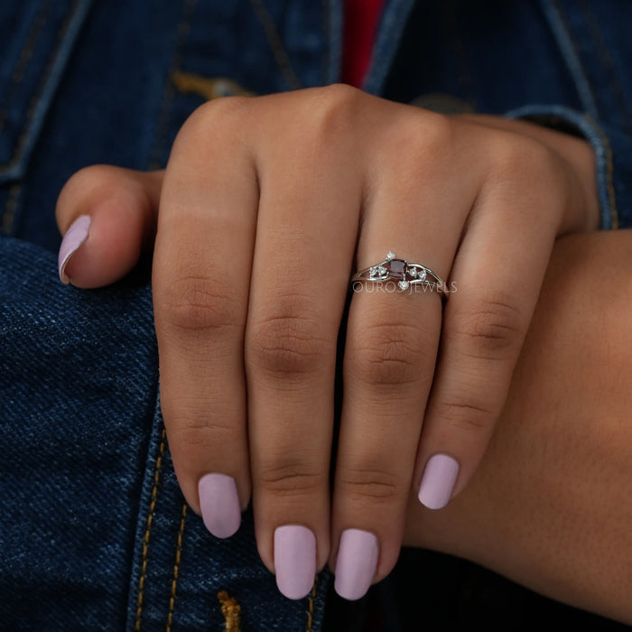 Front finger view of cushion cut cluster diamond ring in 4k white, inspired by vintage & wedding ring.