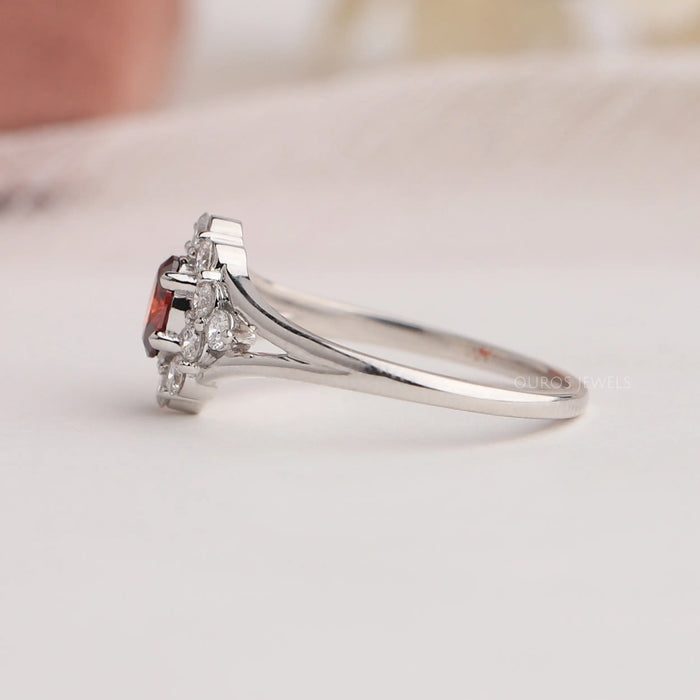 14k solid white gold shank of read oval shaped halo diamond engagement ring