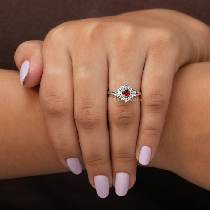 In finger look of oval shape lab created diamond engagement ring with split shank in 14k white gold