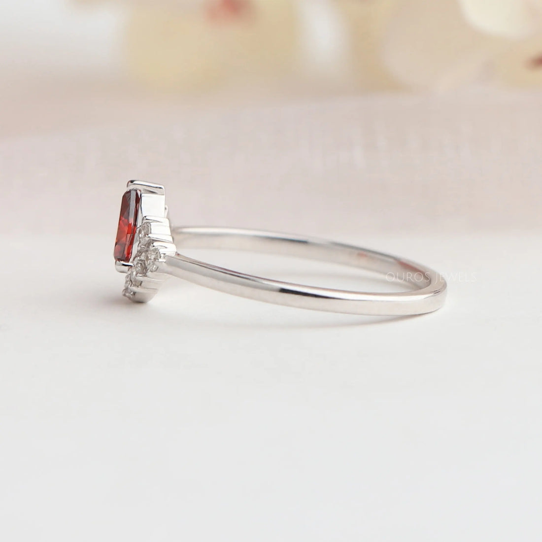 Red Pear Diamond Curved Halo Ring
