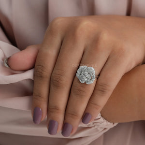 [A Women wearing Round Rose Shaped Pave Set Ring]-[Ouros Jewels]