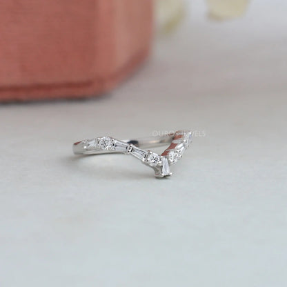 Tapered Baguette and Round Chevron Wedding Band Rings