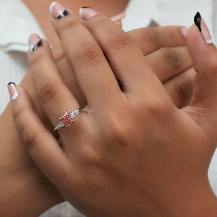 In finger front look of VVS clarity lab grown diamond engagement ring