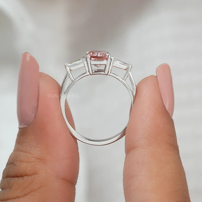 Fancy pink cushion cut lab made diamond engagement ring with 2 arrow cut side stones