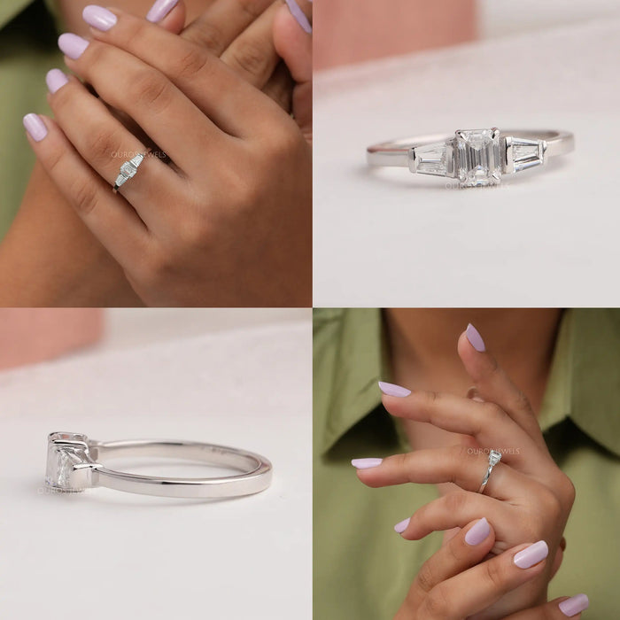 Collage Of Emerald Cut Lab Made Diamond Three Stone Engagement Ring