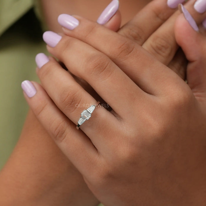 Shining Emerald Cut Lab Made Diamond Three Stone Diamond Engagement Ring