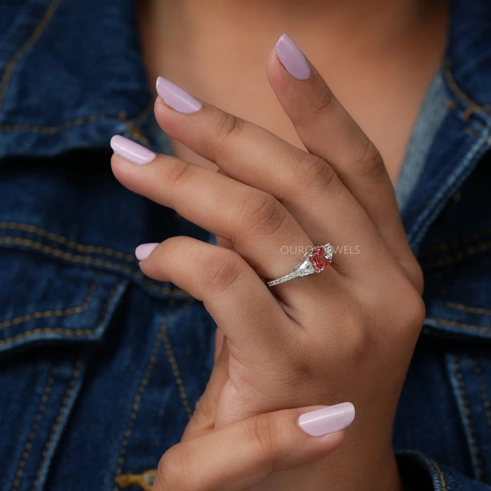 [On Finger Side View Of Three Diamond Engagement Ring Made In 14K Solid White Gold]-[Ouros Jewels]