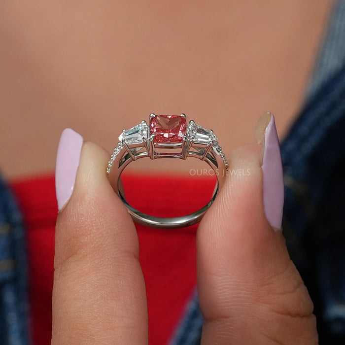Three Stone Pink Cushion Accent  Diamond  Engagement Ring