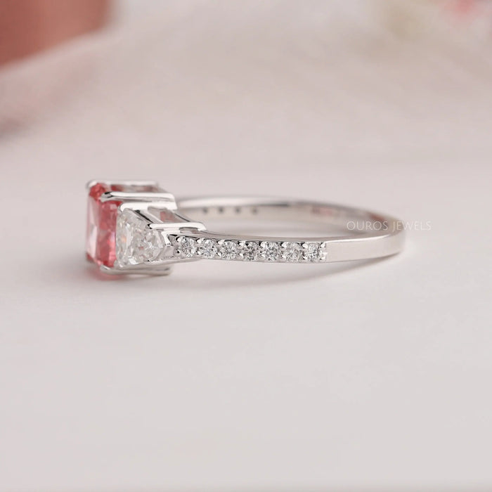 [Left Side View Of Shield And Round Cut Diamond With Fancy Cushion Cut Diamond Engagement Ring]-[Ouros Jewels]