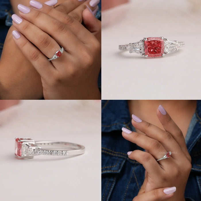 [Multi View Of Three Stone Pink Cushion Lab diamond Engagement Ring]-[Ouros Jewels]
