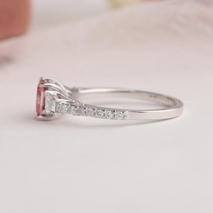 [Lest Side View Of Stunning Round Cut Diamond Side Stone With Pink Cushion Diamond Three Stone Engagement Ring]-[Ouros Jewels]