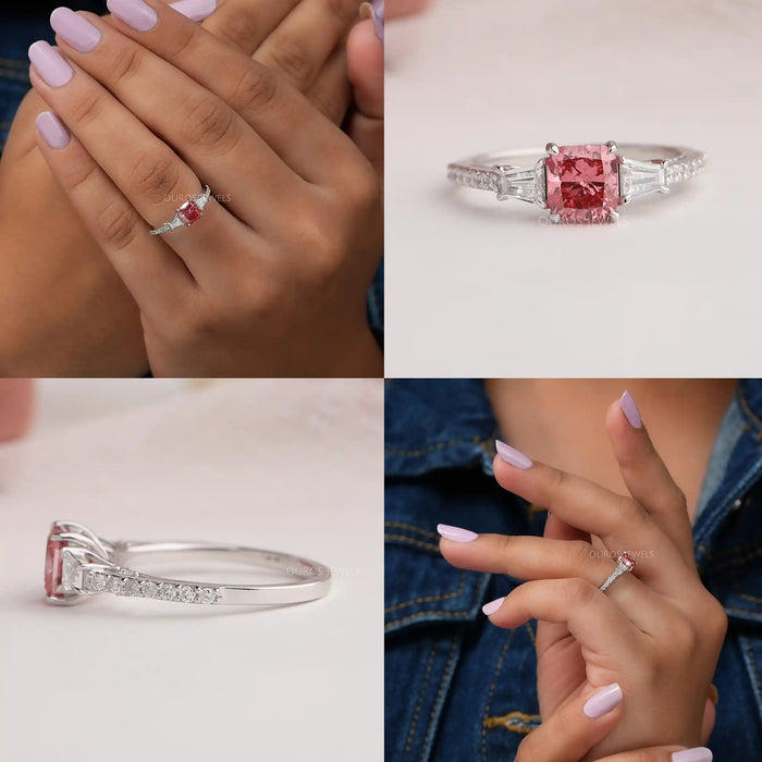 [Fancy Pink Cushion Cut Three Stone Engagement Ring]-[Ouros Jewels]