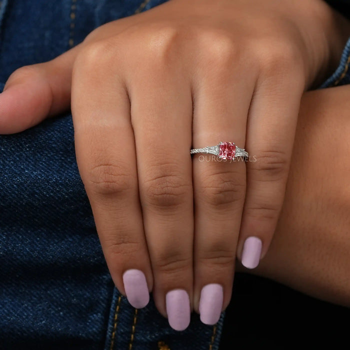 [On Finger Fancy pink Diamond Three Stone With Round Diamond Accent Stone Engagement Ring]-[Ouros Jewels]
