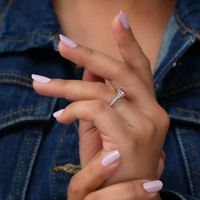 [On Finger Side View Of Fancy Pink Lab Diamond Three Stone Engagement Ring]-[Ouros Jewels]