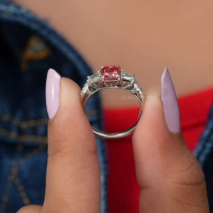 [Front Side View Of Pink Cushion Cut Diamond Three Stone Engagement Ring]-[Ouros Jewels]