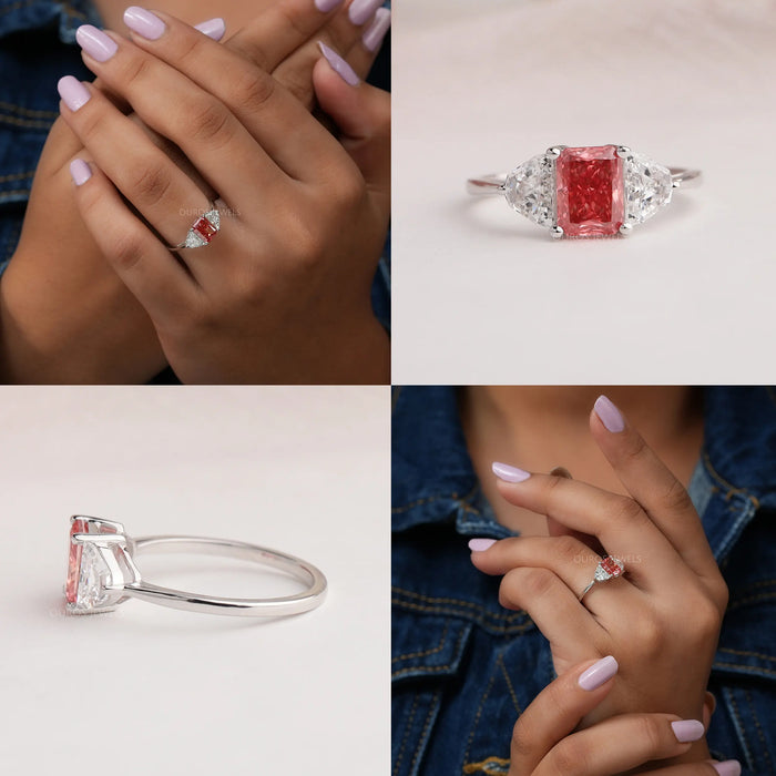 [Multi View Of Fancy  Pink Radiant Cut Lab Diamond 3 STone Engagement Ring]-[Ouros Jewels]