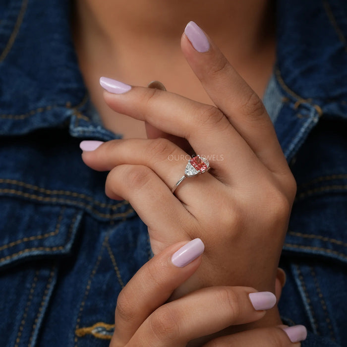 [On Finger Front View Of Excellent Shine Of Pink Lab Diamond Three Stone Engagement Ring]-[Ouros Jewels]