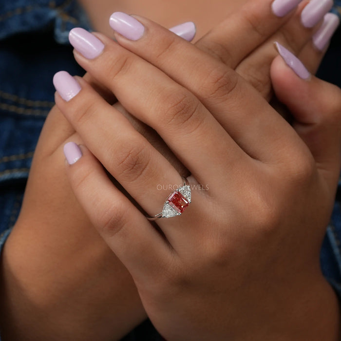 [On Finger Three Stone Pink Radiant Cut Lab Diamond Engagement Ring]-[Ouros Jewels]