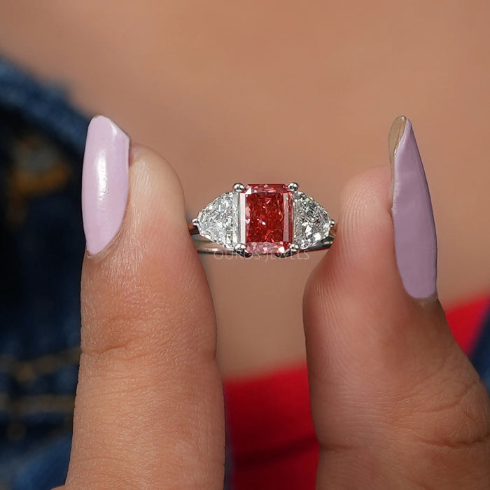 [Brilliant Shine Of Pink Radiant Cut Three Stone Engagement Ring]-[Ouros Jewels]
