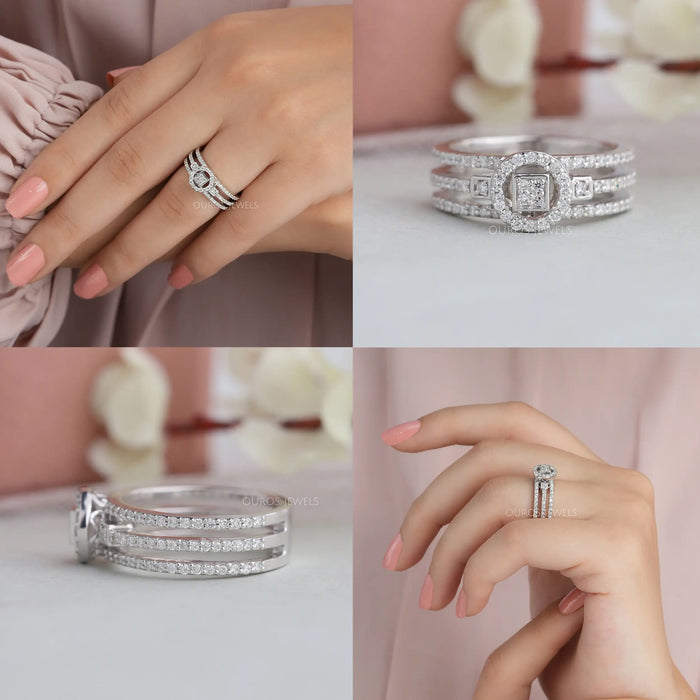 Round Cluster Diamond Triple Shank Halo  Ring