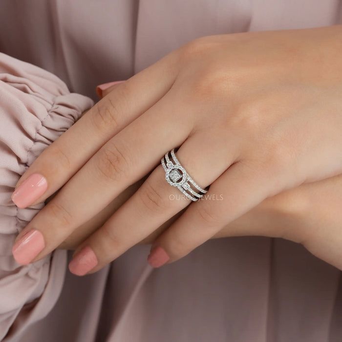 Round Cluster Diamond Triple Shank Halo  Ring