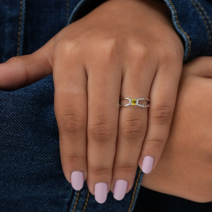 In finger look of yellow emerald lab created diamond engagement ring