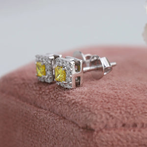 yellow princess cut halo diamond stud earrings in white gold