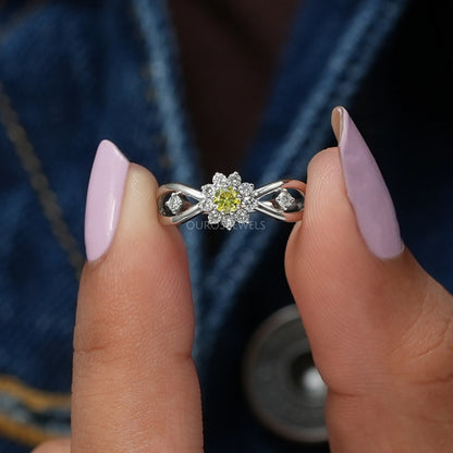 Yellow Round Cut Halo Diamond Anniversary Ring